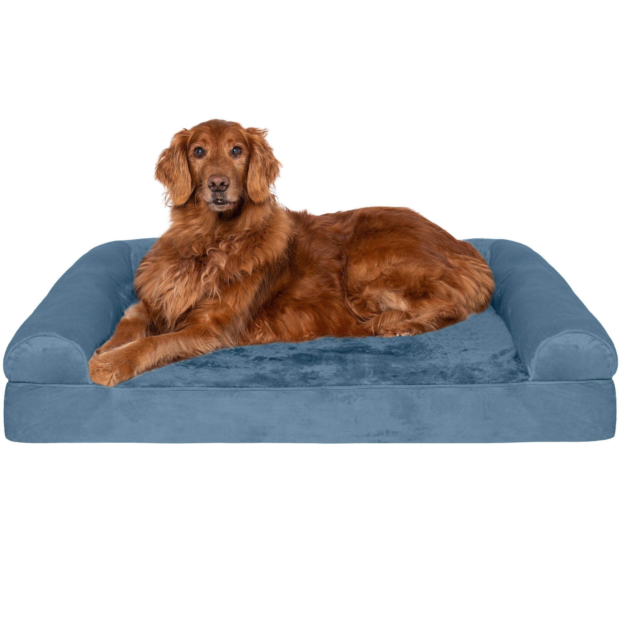 FurHaven | Orthopedic Faux Fur & Velvet Sofa Pet Bed for Dogs & Cats, Harbor Blue, Jumbo