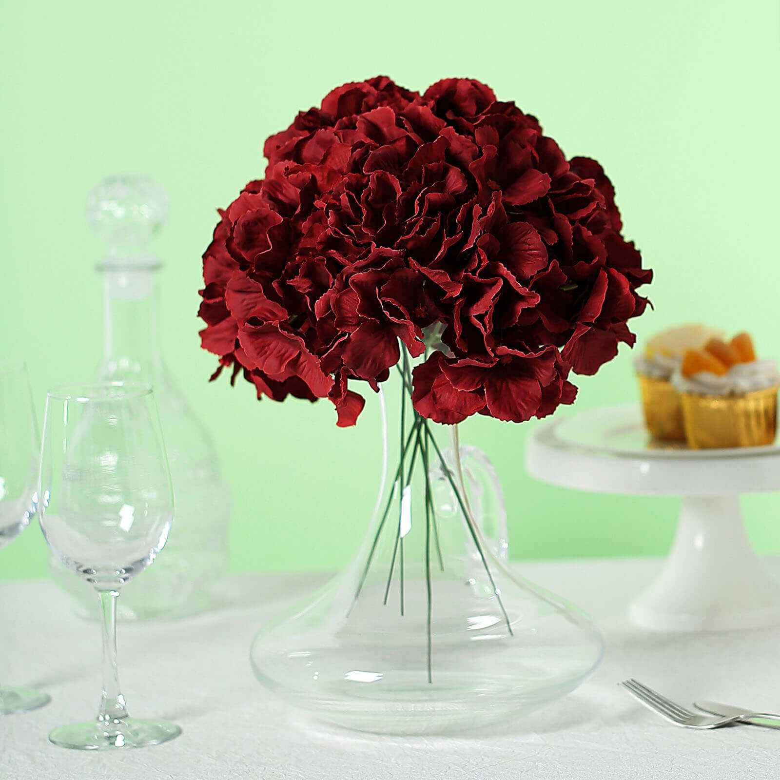 10 Flower Head and Stems Burgundy Artificial Satin Hydrangeas, DIY Arrangement