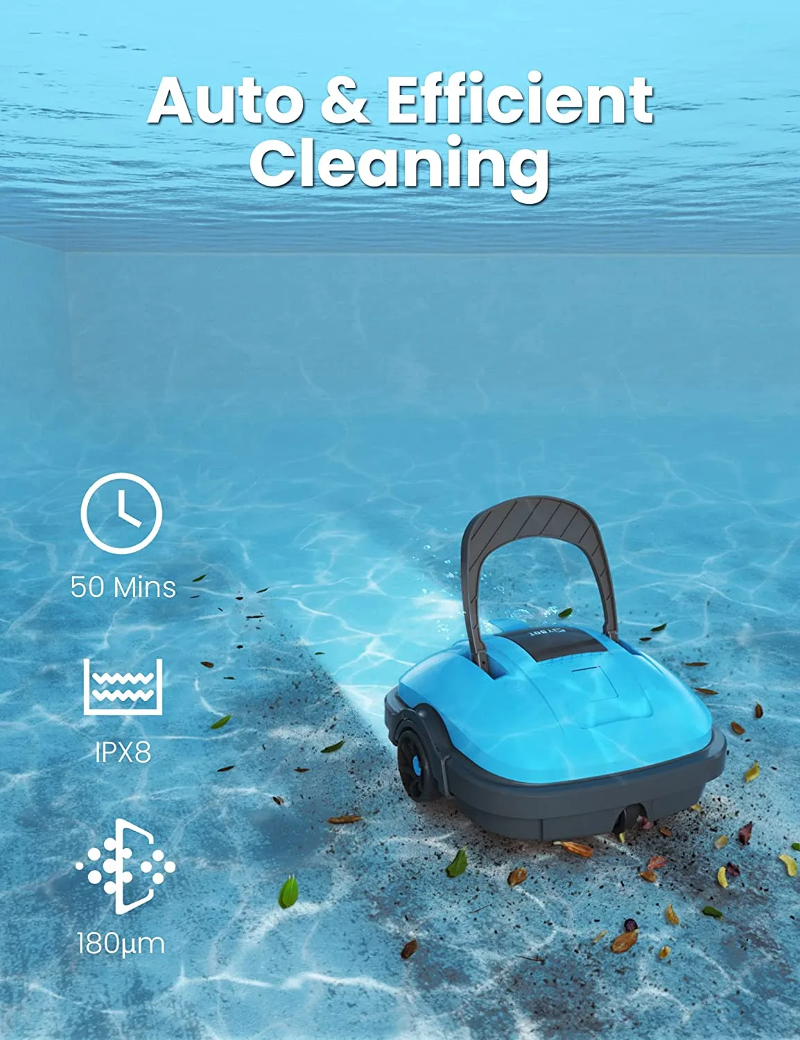 Cordless Robotic Pool Cleaner, Automatic Pool Vacuum, IPX8 Waterproof, Dual-Motor, 180μm Fine Filter, Ideal for Above Ground Pool and Flat Bottom In Ground Pool Up to 525 Sq.Ft,