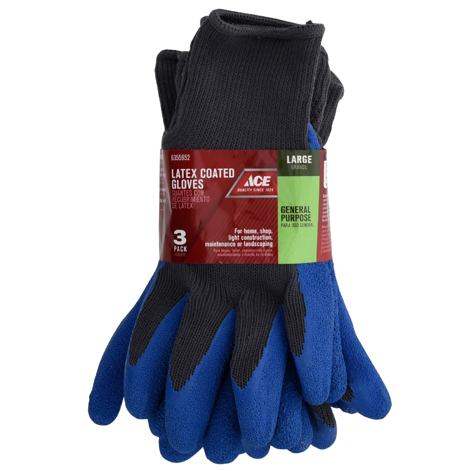 Ace Men\u0027s Indoor/Outdoor Coated Work Gloves Blue/Gray L 3 pk