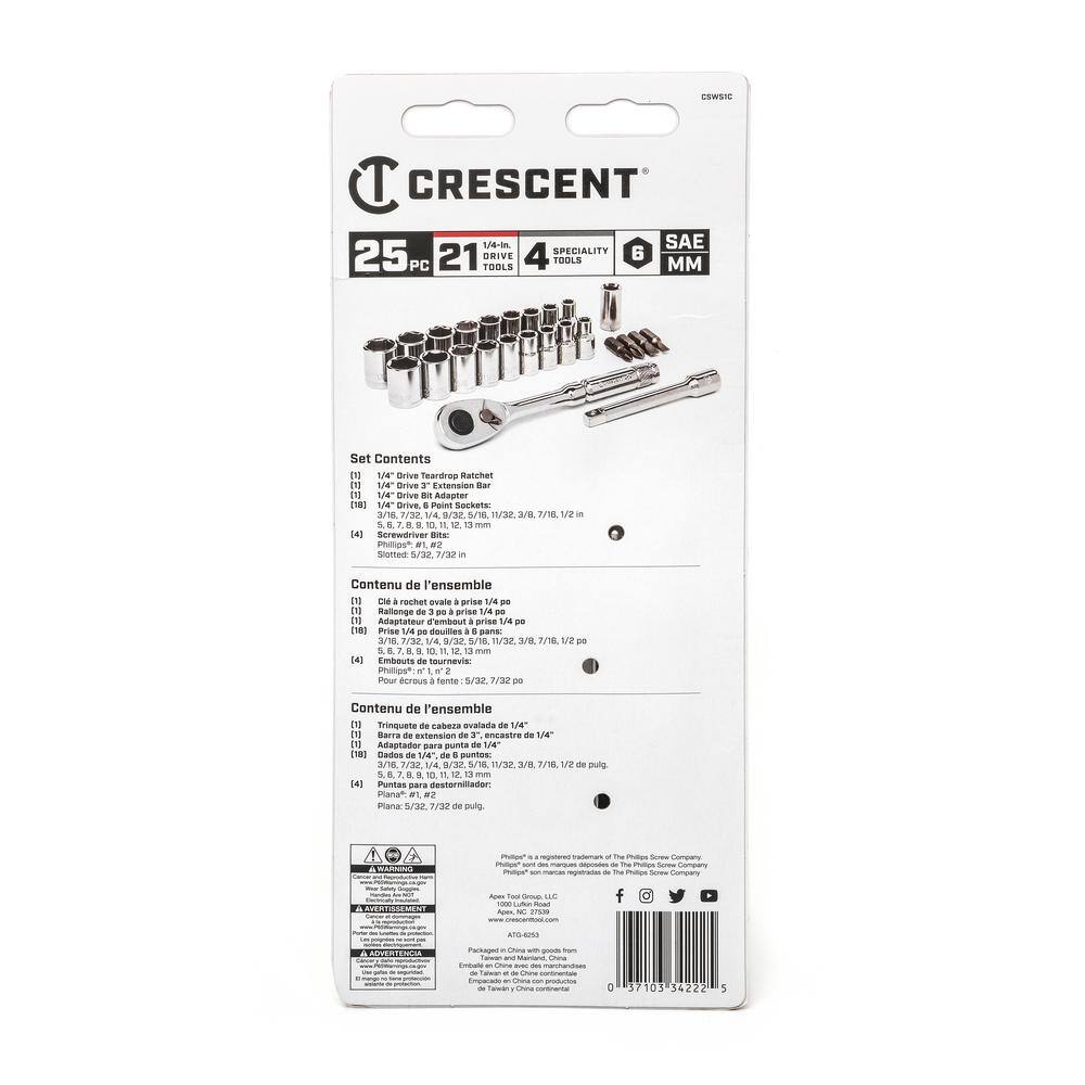 Crescent 14 in. Drive 6-Point Standard SAEMetric Mechanics Tool Set (25-Piece) CSWS1C