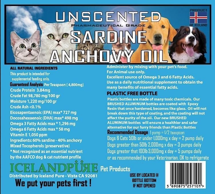 Iceland Pure Pet Products Unscented Pharmaceutical Grade Sardine and Anchovy Oil Liquid Dog and Cat Supplement