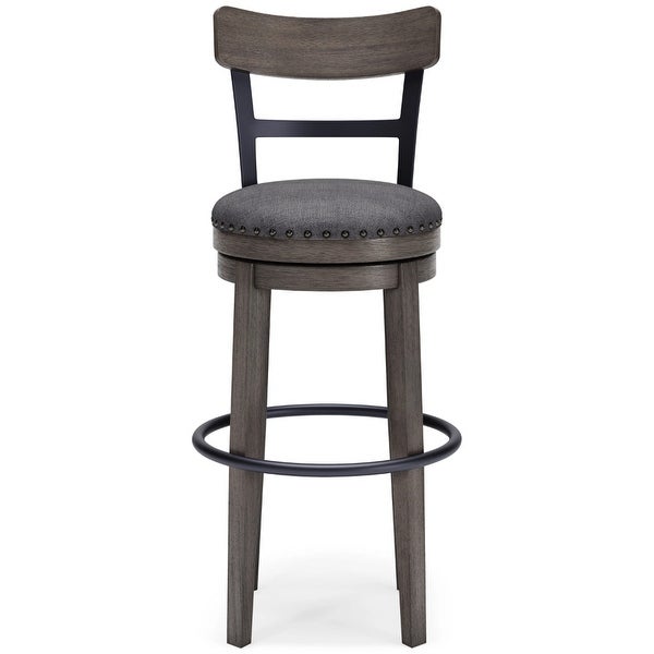 Swivel Barstool with Nailhead Trim and Curved Panel Back， Tall， Gray - 20.38 L x 19.25 W x 43.38 H