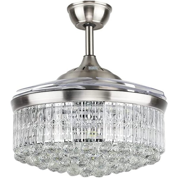 Crystal Ceiling Fan with Light Remote Control Chandelier Retractable Fandelier， Luxury 3 Color Lighting for Dining Room Shopping - The Best Deals on Ceiling Fans | 41540798