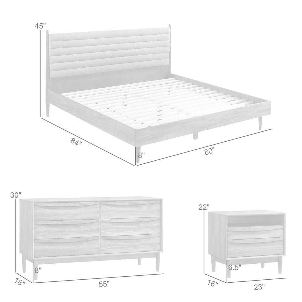 Artemio Black or Walnut Wood 4 Piece Bedroom Set with Grey Upholstered Headboard