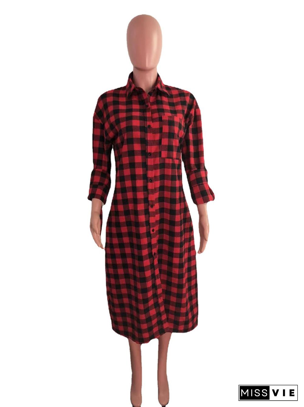 Long Sleeves Single-breasted Plaid Shirt Dress