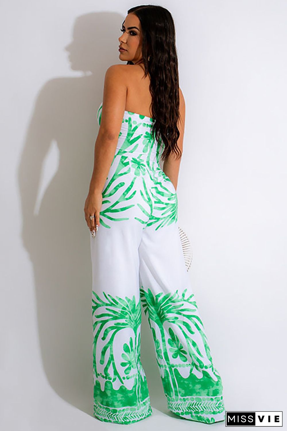 Pattern Print Strapless Ruched Tie Crop Top Wide Leg Vacation Pants Matching Set