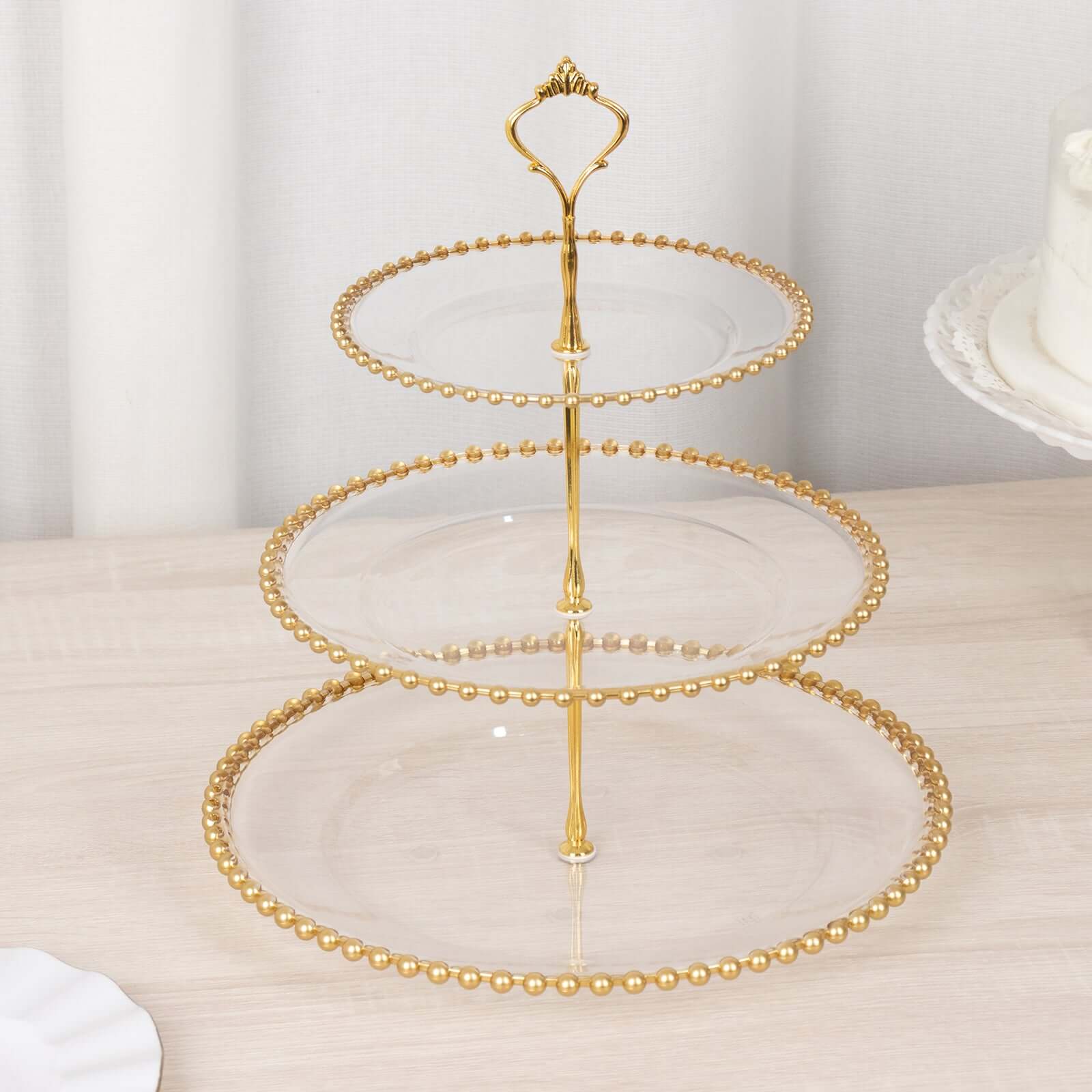 Clear 3-Tier Round Plastic Cupcake Tower Stand with Gold Beaded Rim, Dessert Display Tea Party Serving Platter With Top Handle - 14