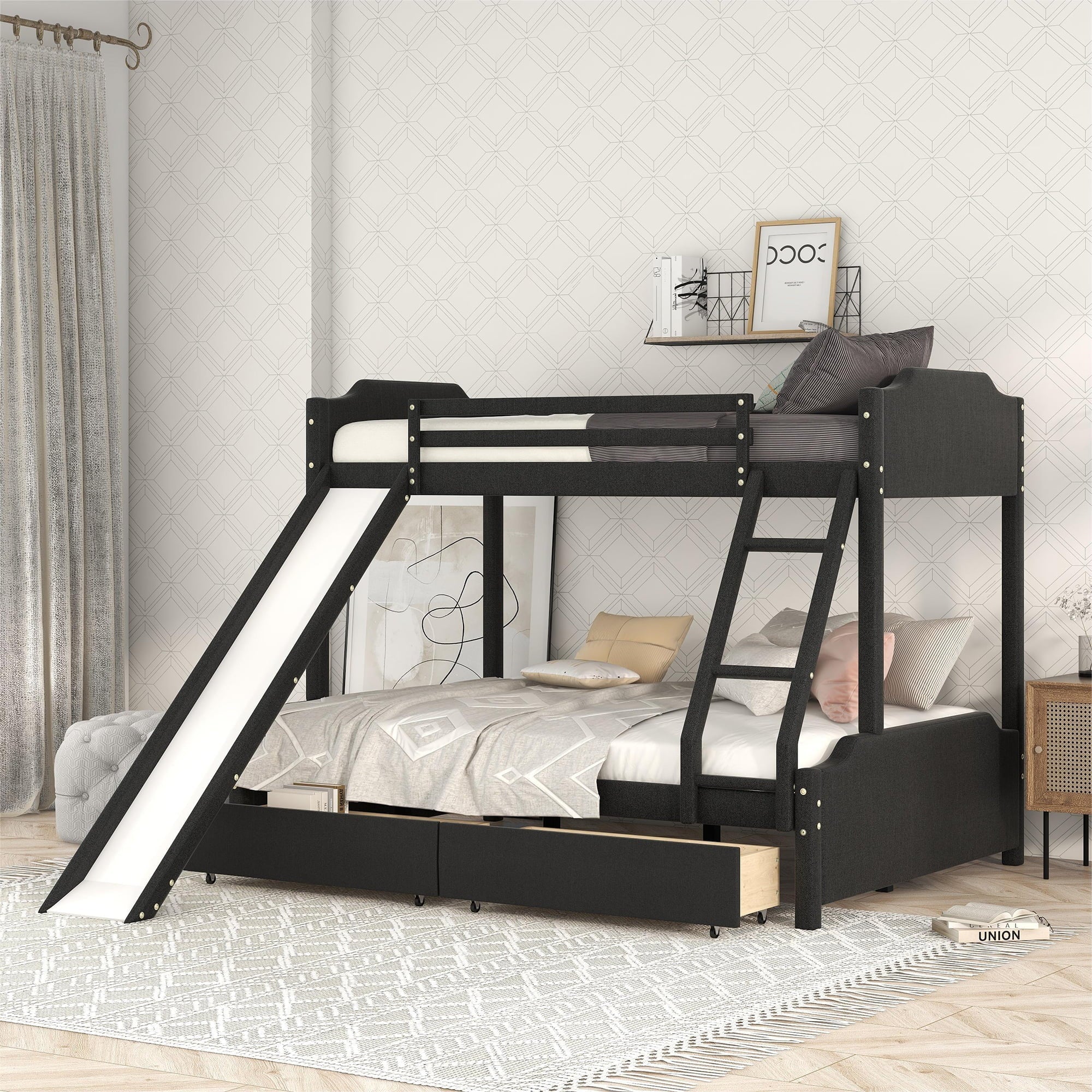 EUROCO Upholstery Twin over Full Bunk Bed with Slide and Drawers for Kids Room, Black