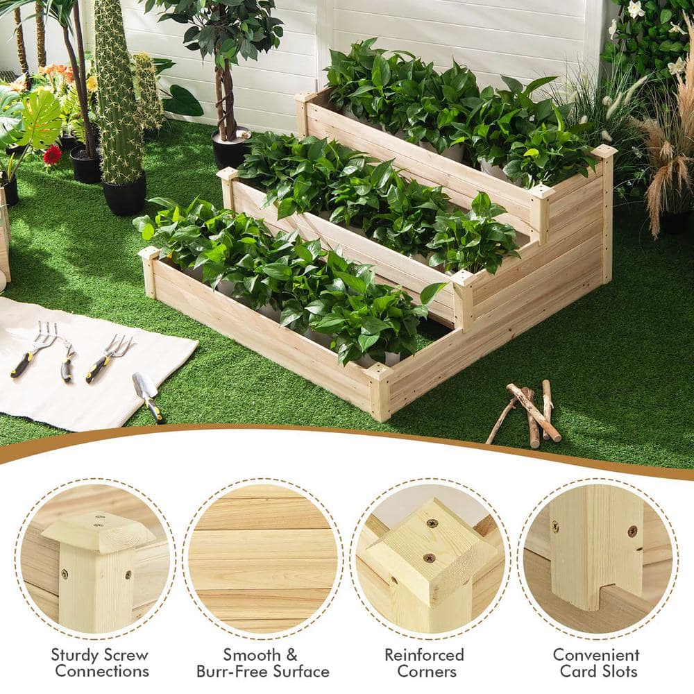 Costway 48 in. x 48 in. x 22 in. 3-Tier Natural Raised Garden Bed Wood Planter Kit for Flower Vegetable Herb GT3808