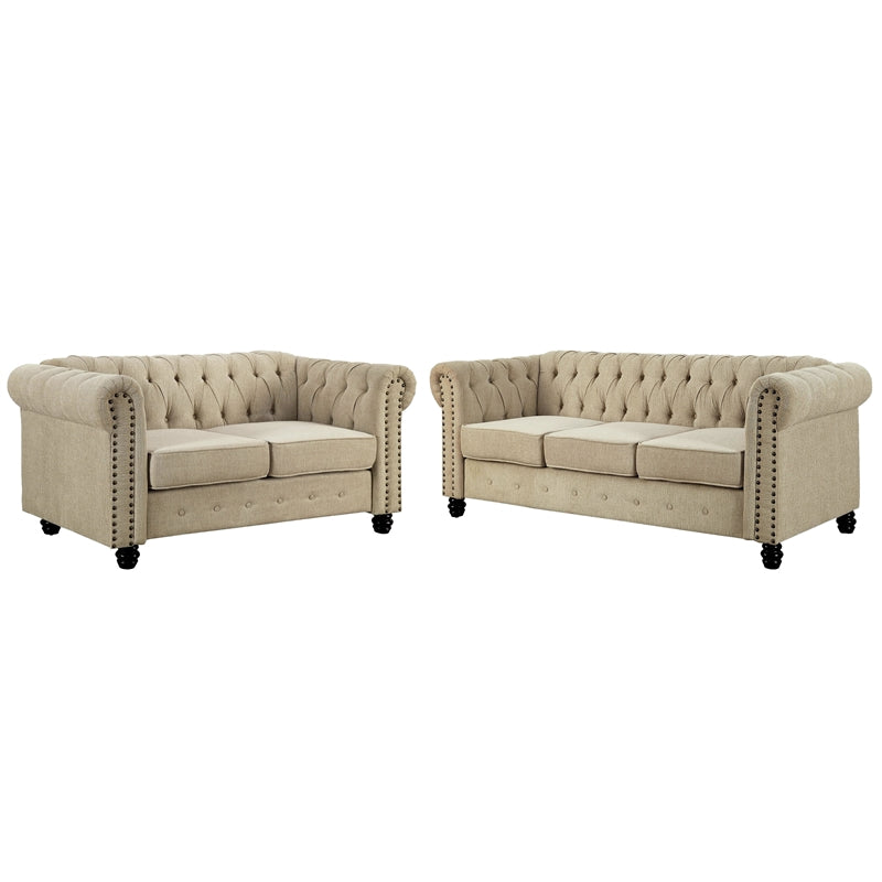 RN Furnishings 2 Piece Button Tufted Linen fabric Contemporary Sofa Set -Beige