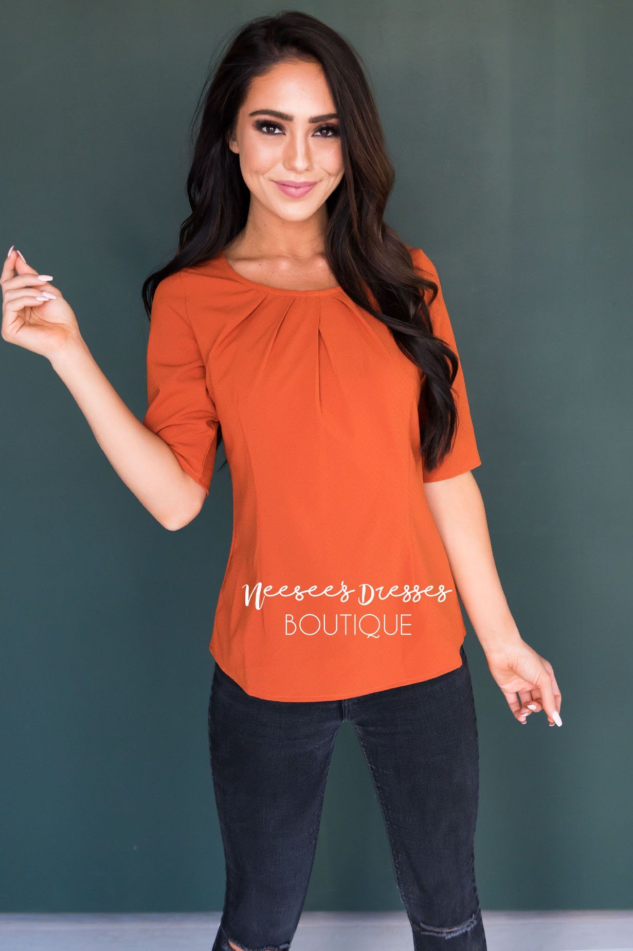 Rust Pleat Collar Modest Top