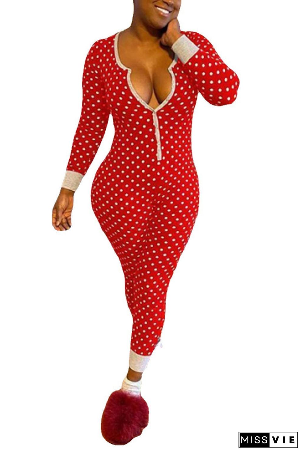 Long Sleeve Low Cut Print Sleepwear Jumpsuit