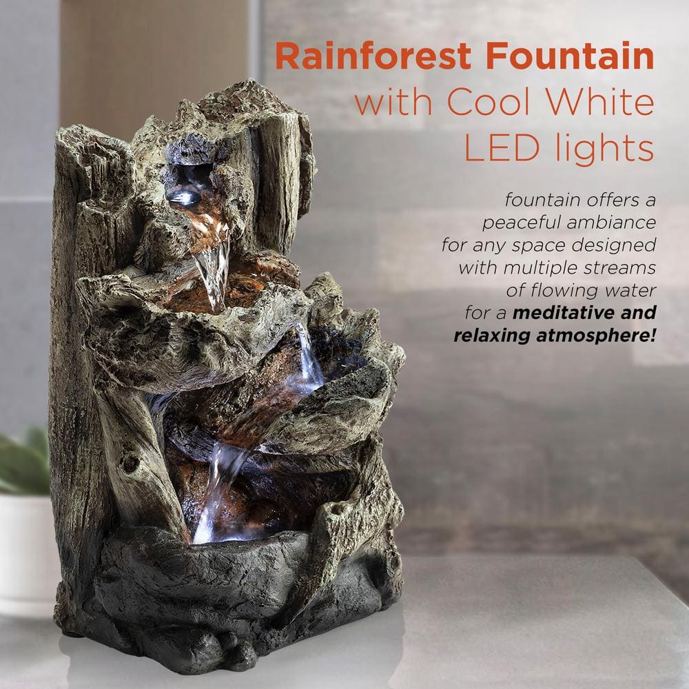 Alpine Corporation 14 in. Tall Indoor Tiered Log Tabletop Fountain with LED Lights WIN794S