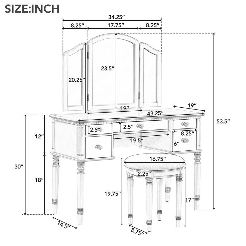 Makeup Vanity Set with Mirrored Drawers and Stool  Tri fold Mirror