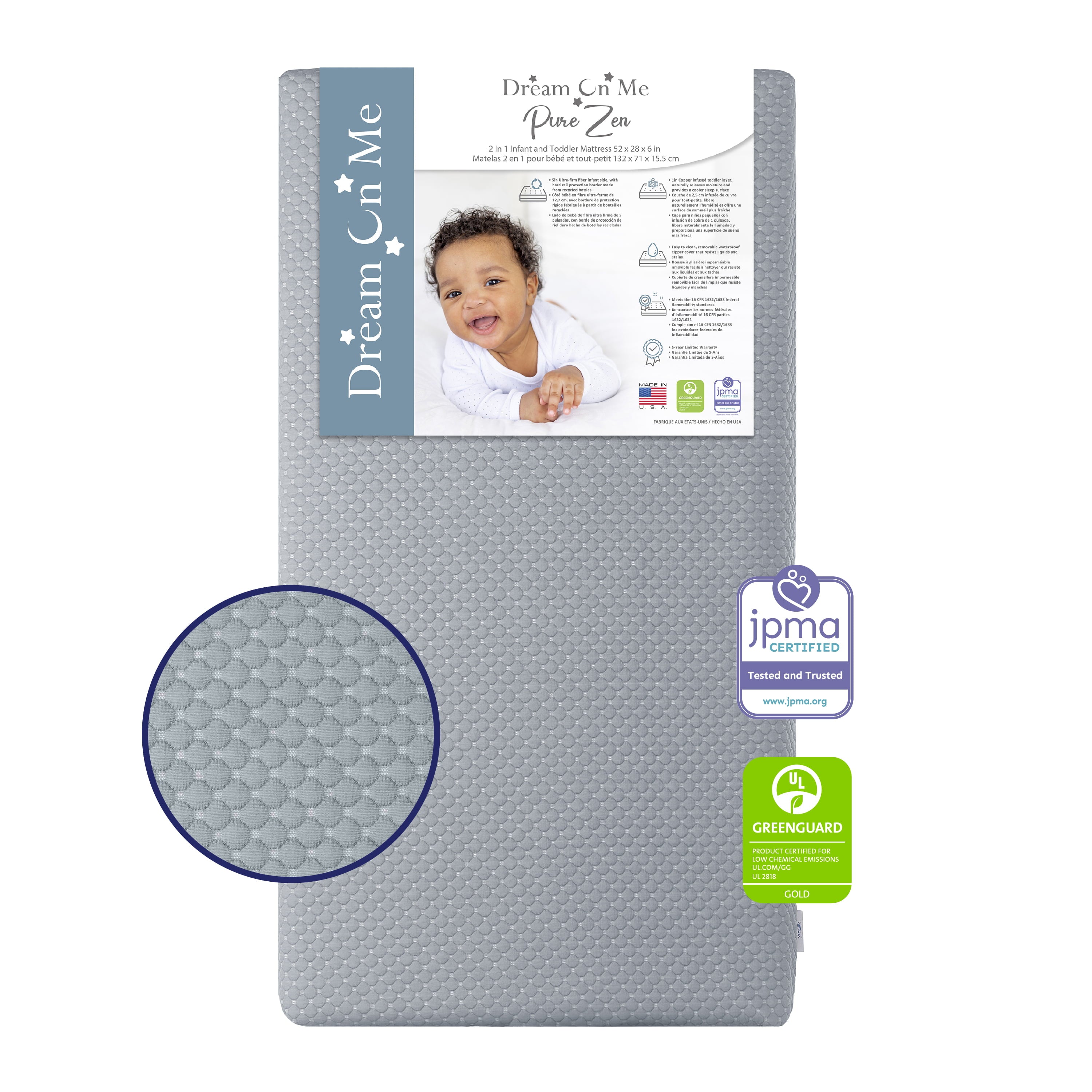 Dream on Me Pure Zen 2 in 1 Crib & Toddler Mattress, Greenguard Gold Certified