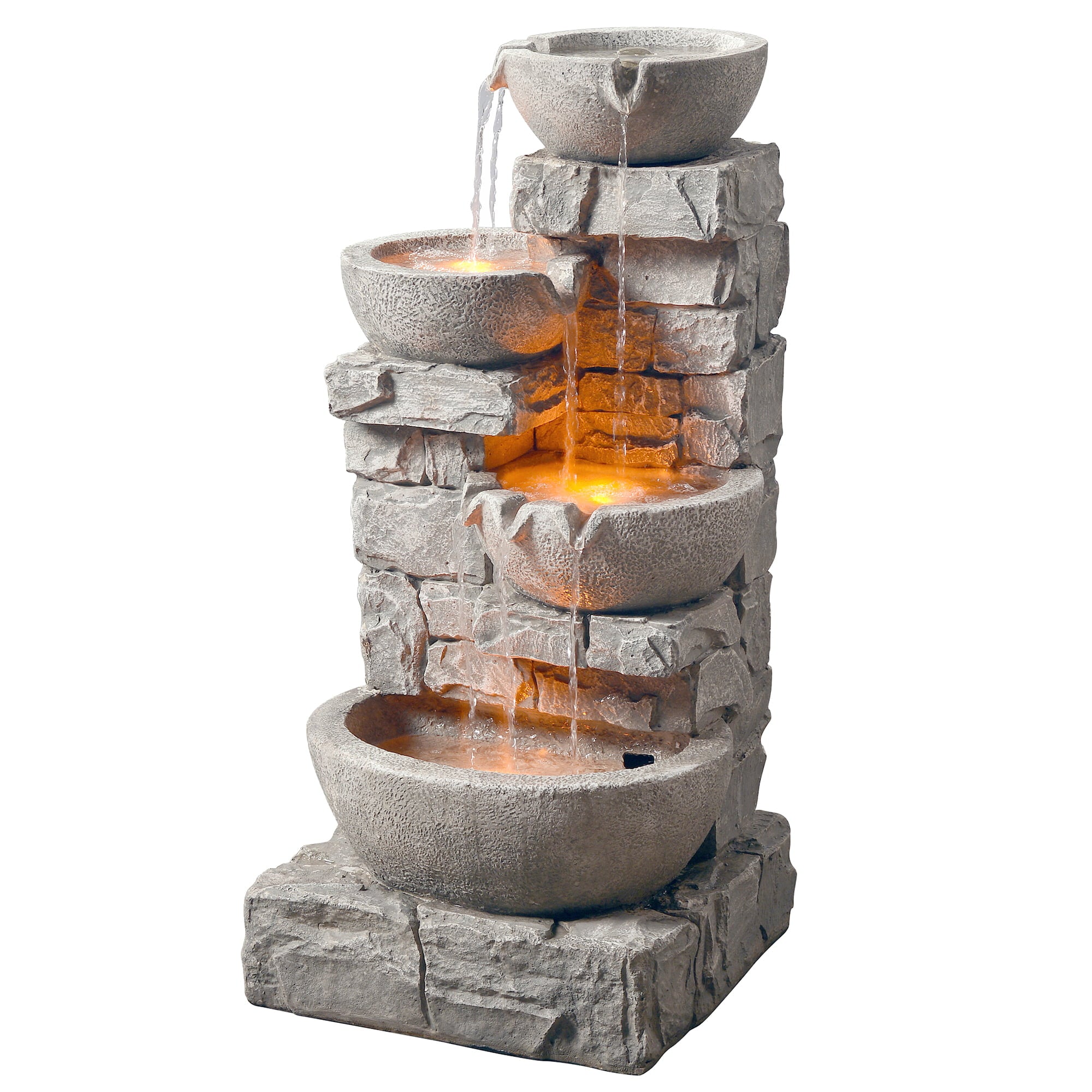 Teamson Home Stacked Stone Tiered Bowl Fountain with LED Light， Gray