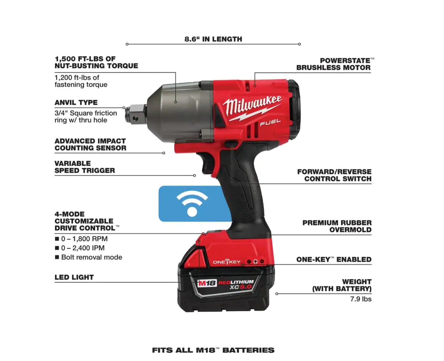 Milwaukee 2864-20-48-11-185 M18 FUEL ONE-KEY 18V Lithium-Ion Brushless Cordless 3/4 in. Impact Wrench w/ Friction Ring and M18 5.0 Ah Battery