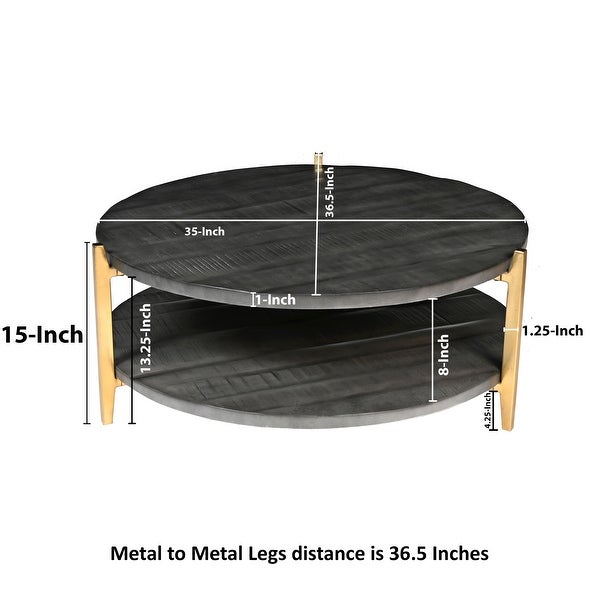 Tali 37 Inch Handcrafted Round Coffee Table， 2 Tier， Charcoal Gray Acacia Wood， Sleek Gold Metal Legs