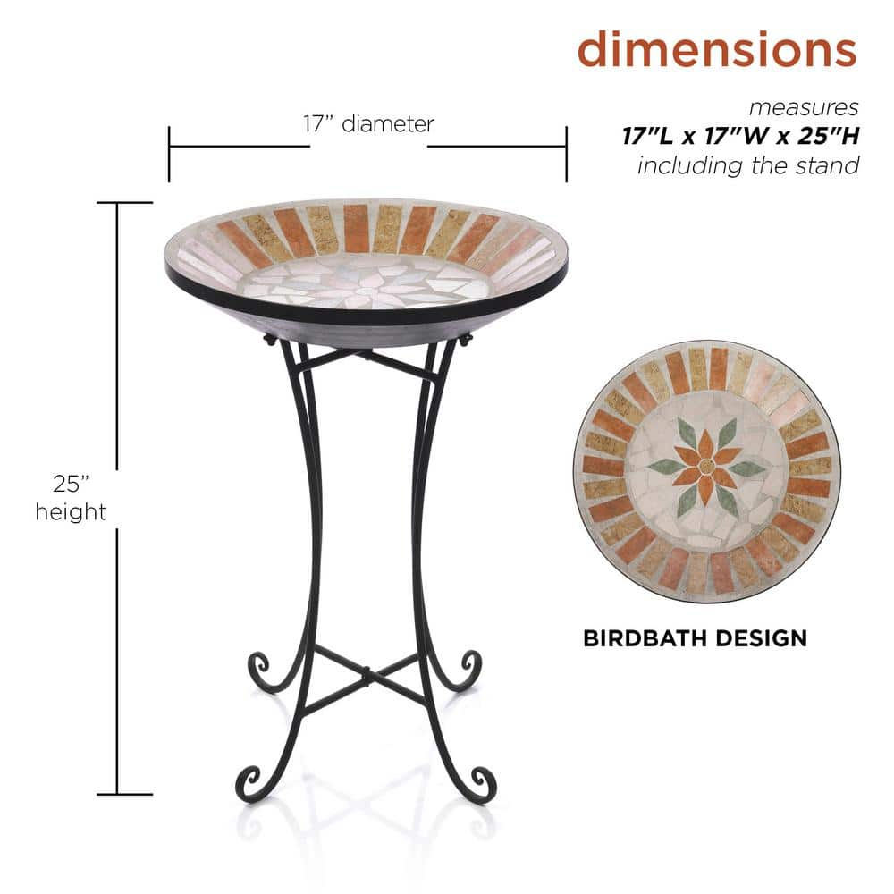 Alpine Corporation 25 in. H Outdoor Decorative Mosaic Birdbath with Metal Stand， Tan/Beige JFH920