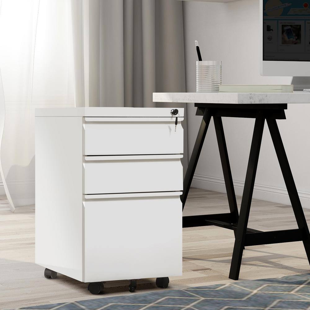 Classic White Metal Mobile 3-Drawer File Cabinet with Lockable Pedestal Cabinet Assembled for Legal or Letter Files ZY-W29705848