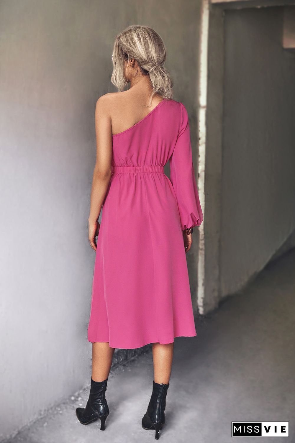 One Shoulder Elastic High Waist Midi Dress