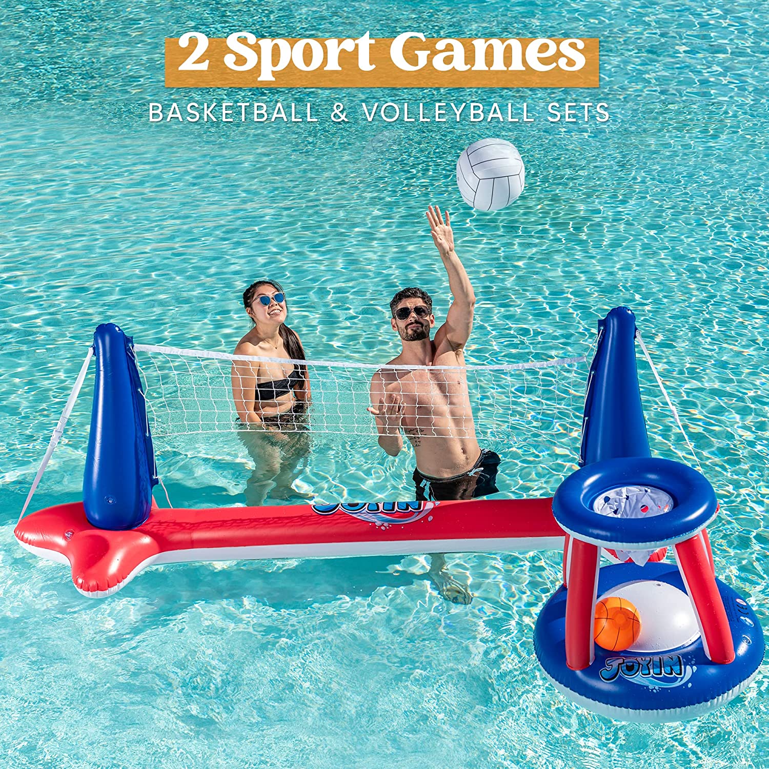 Clearance - Inflatable Volleyball Net & Basketball Hoops Red & Blue Pool Float Set