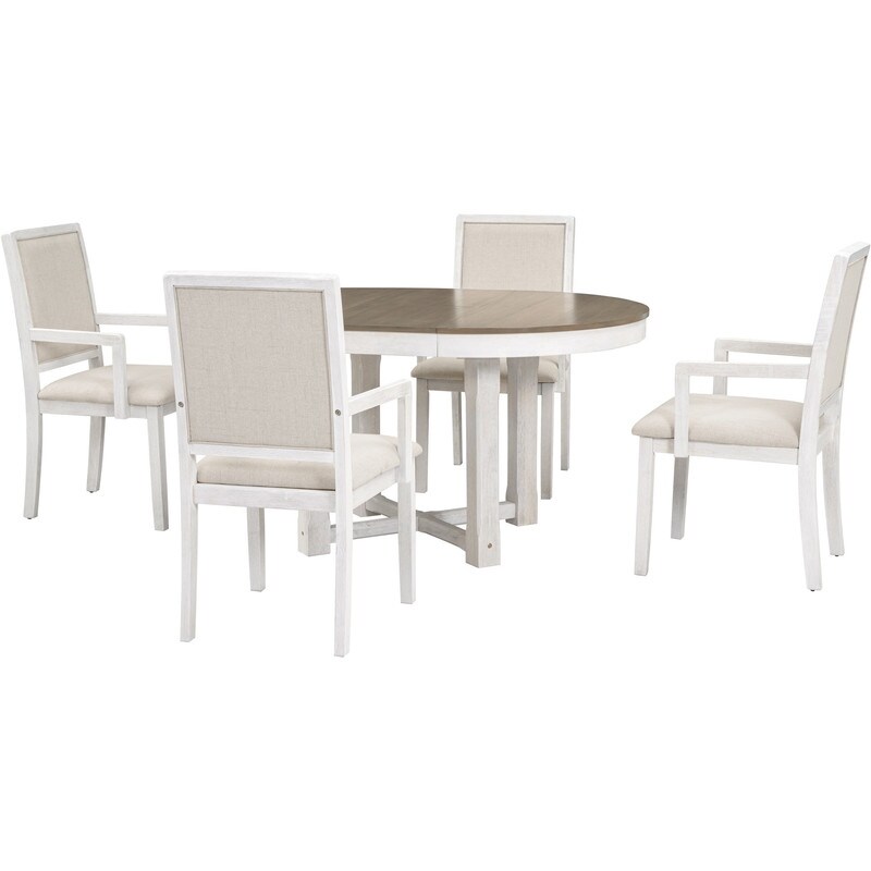 5 Piece Elegant Dining Table Set  Extendable Butterfly Leaf Wood Dining Table and 4 Upholstered Dining Chairs with Armrests