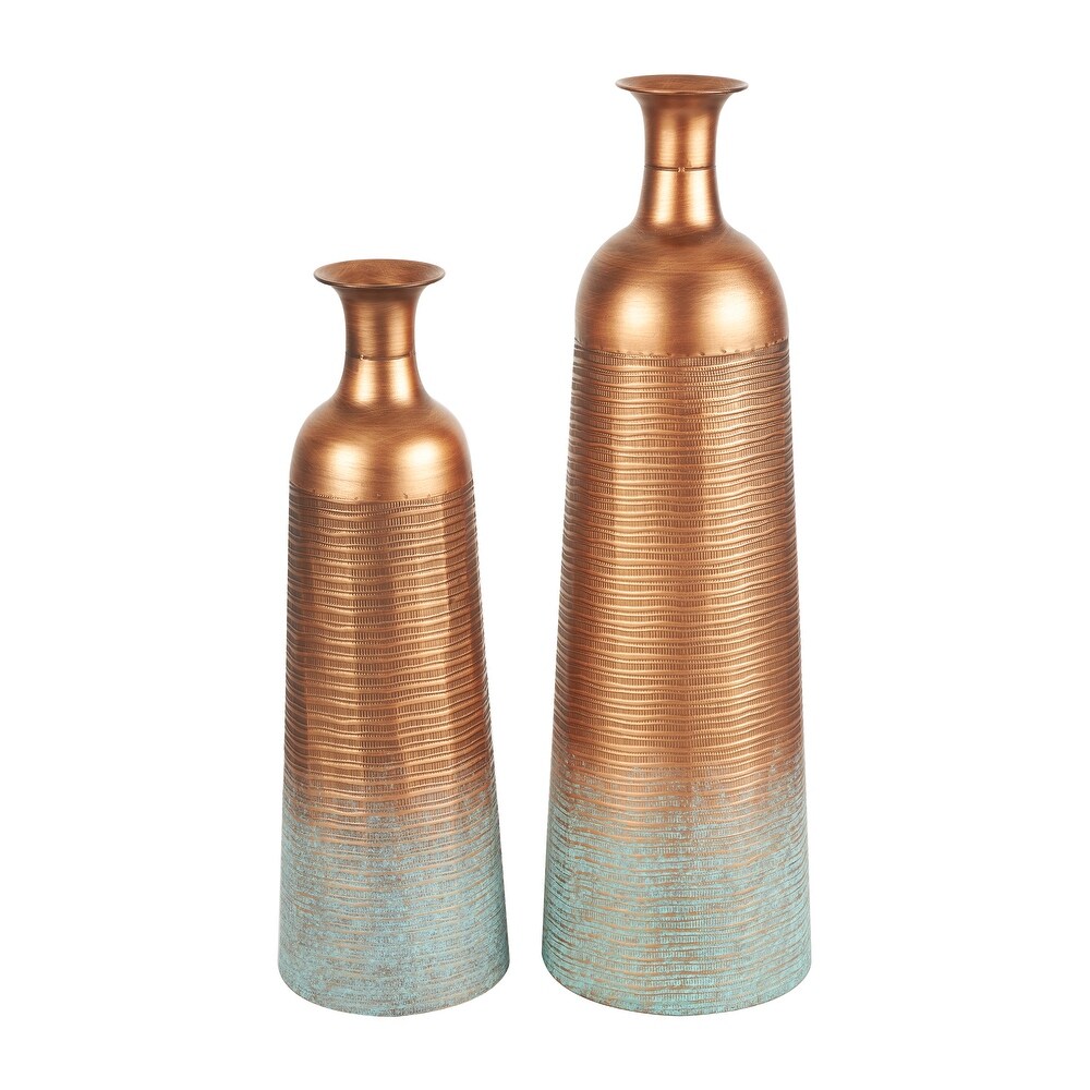 Copper Metal Ribbed Textured Vase with Distressed Teal Accents (Set of 2)