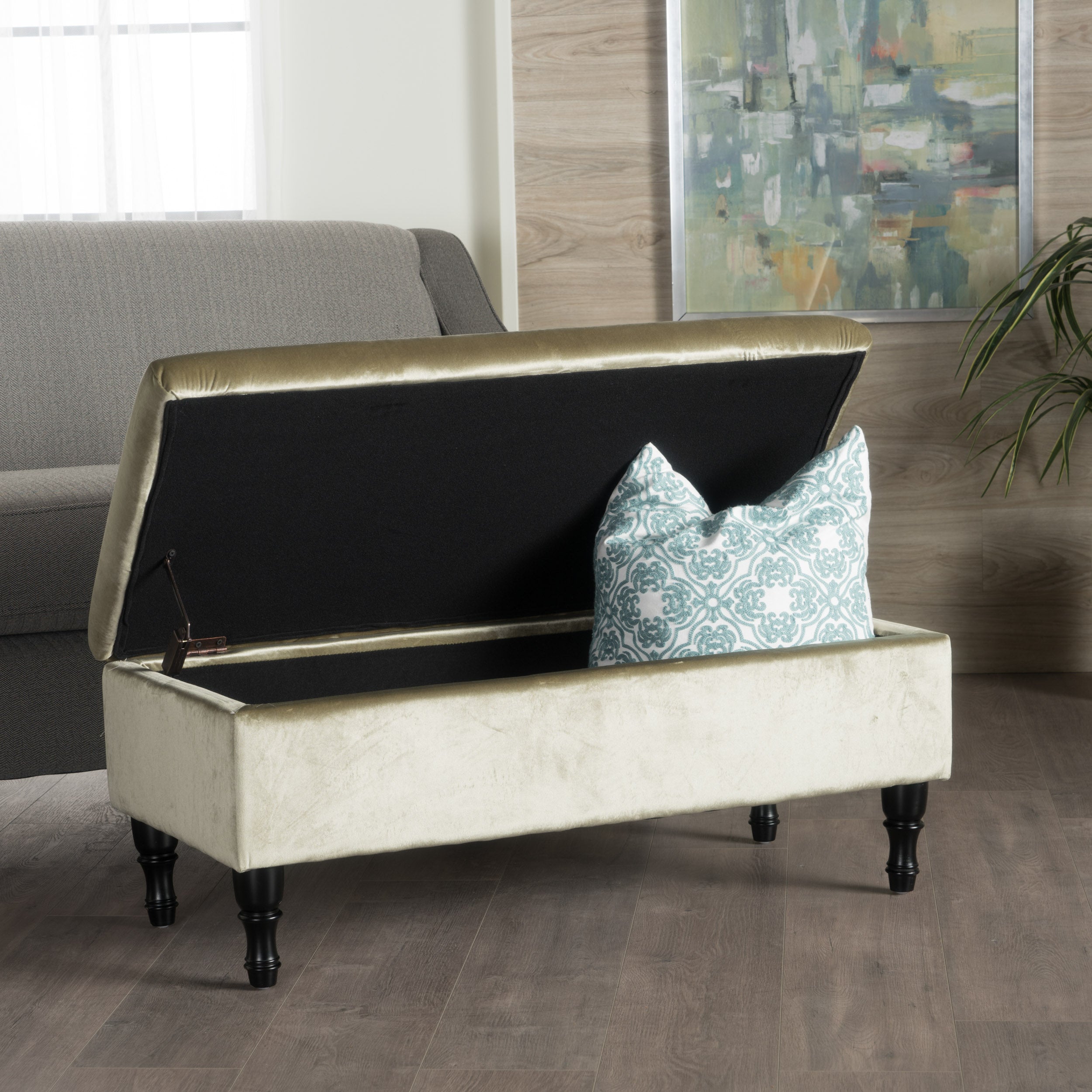 Constance Button Tufted Fabric Rectangle Storage Ottoman Bench w/ Turned Legs