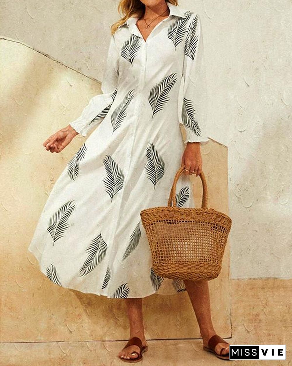 Leaves Print Lapel Button Long Sleeve Maxi Shirt Dress