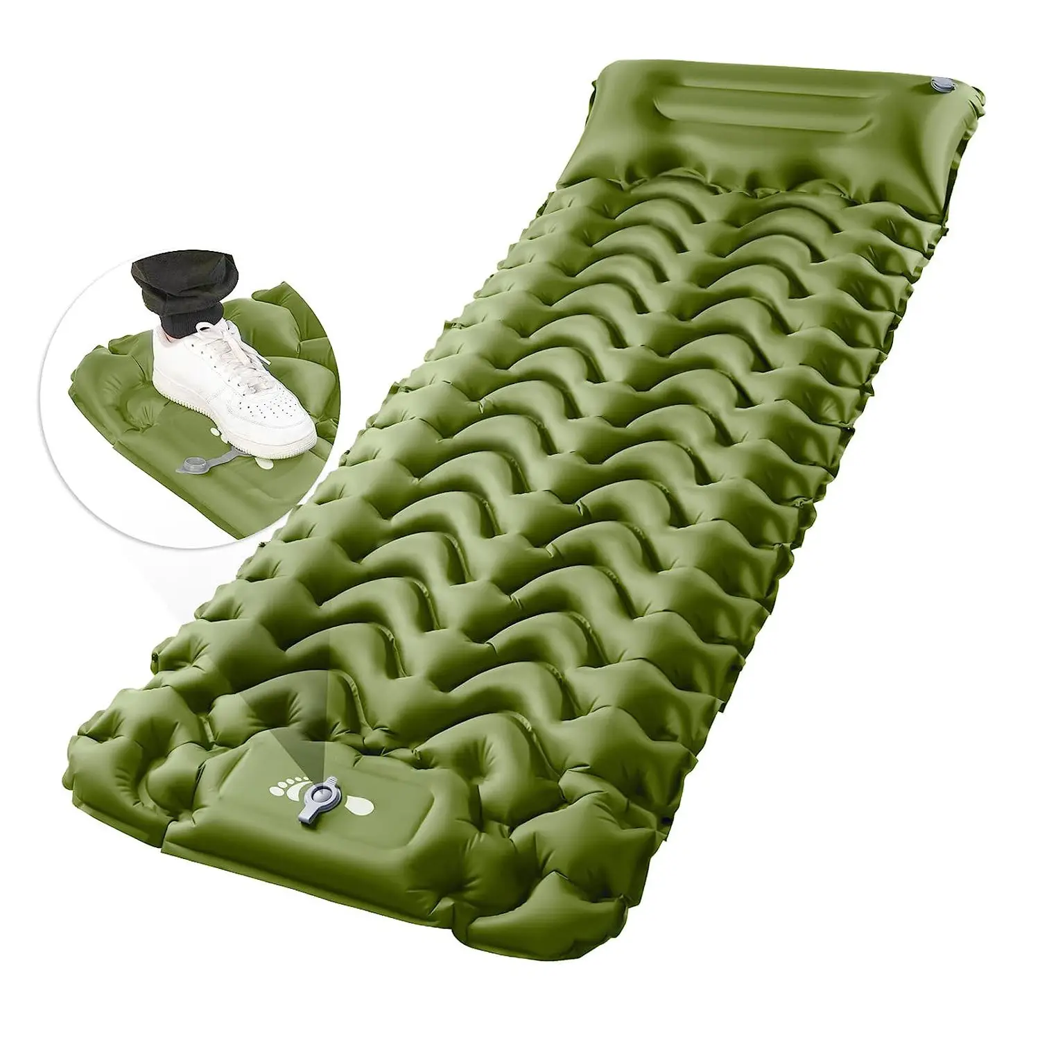 Outdoor Ultralight Inflatable Sleeping Pad Mat with Pillow for Camping Compact Air Sleeping Mattress with Built in Foot Pump Pad