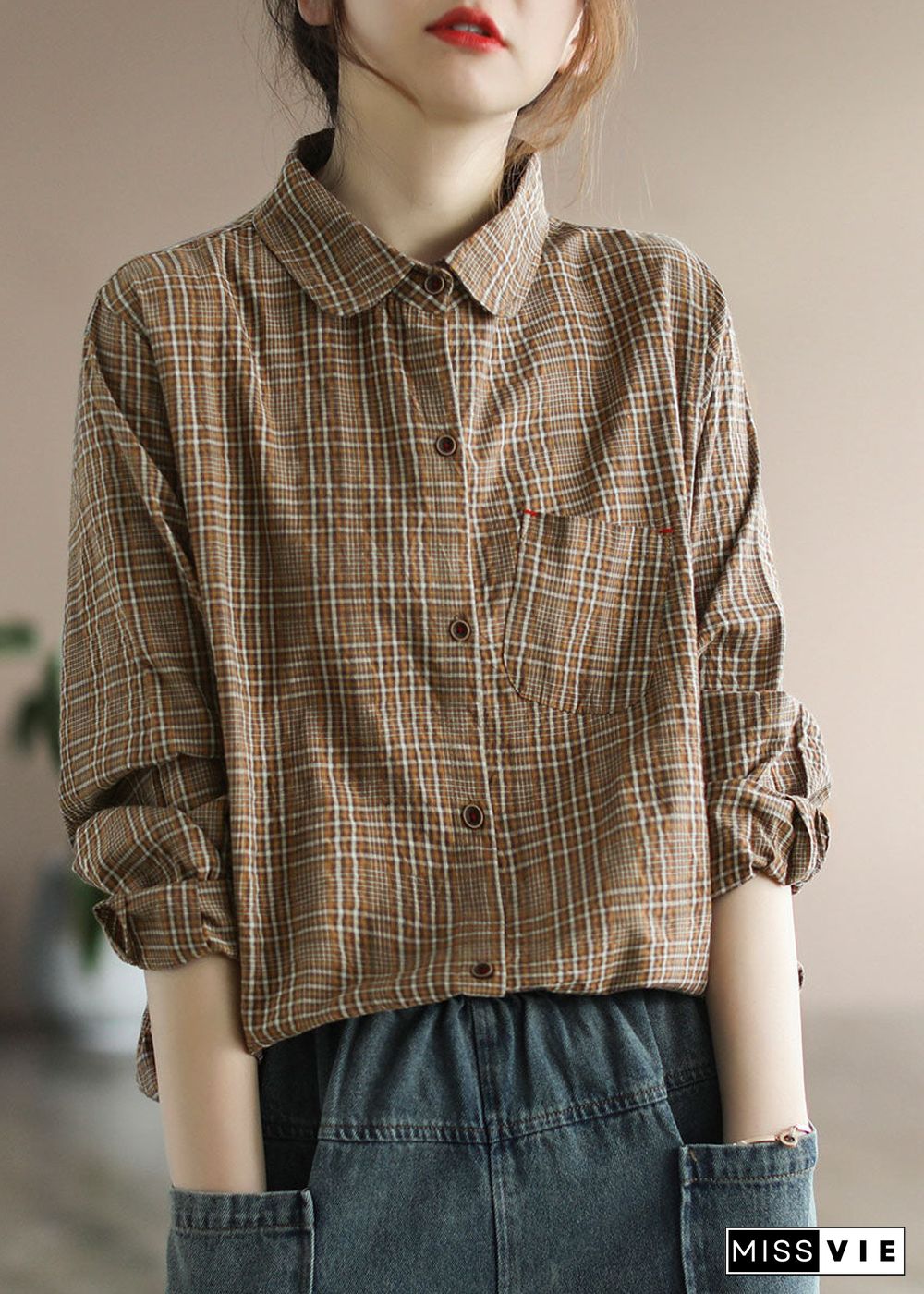 Chocolate Plaid Cotton Shirt Tops pocket Long Sleeve