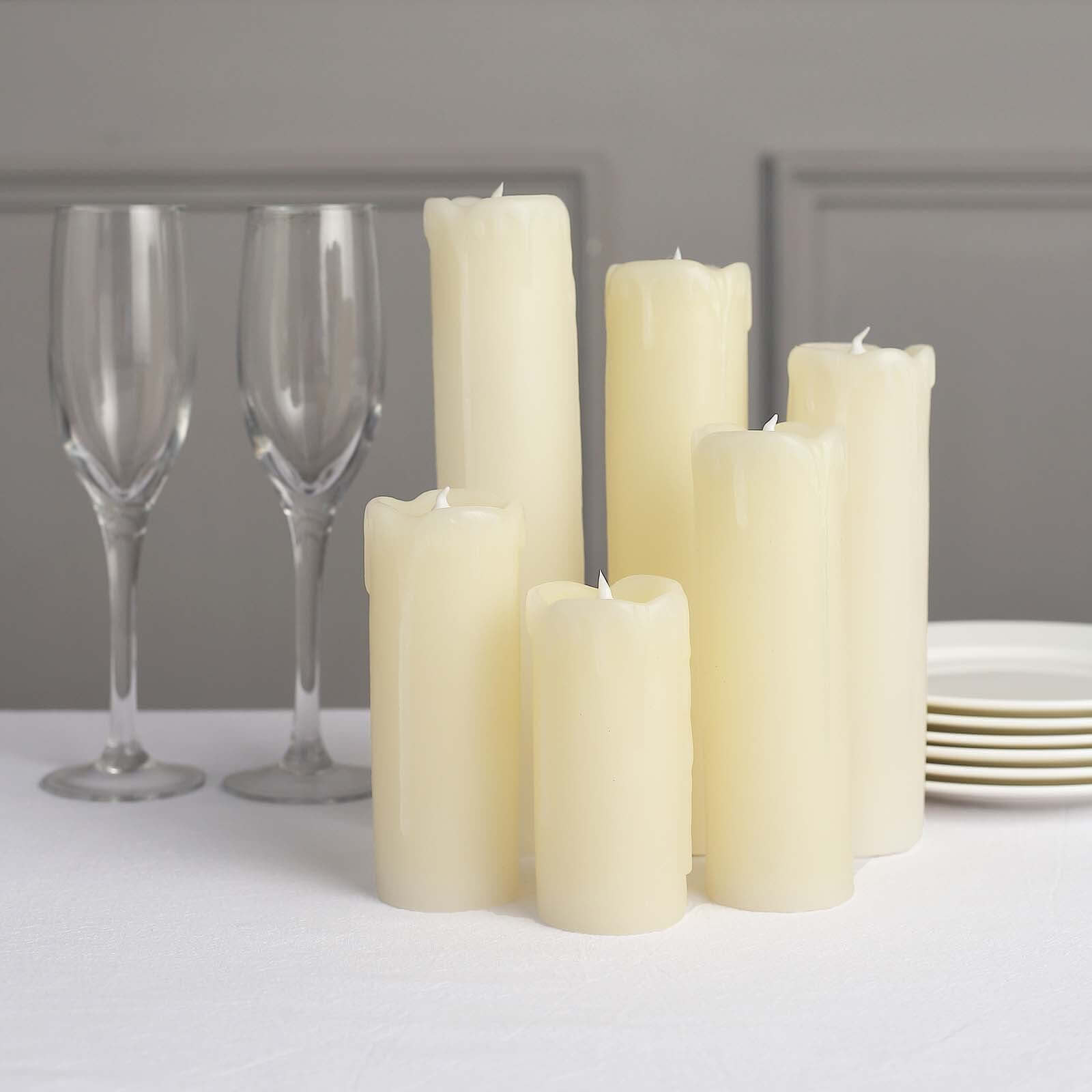 Set of 6 Warm White Flameless Flicker LED Drip Wax Pillar Candles, Battery Operated Luminaria Holiday Candles