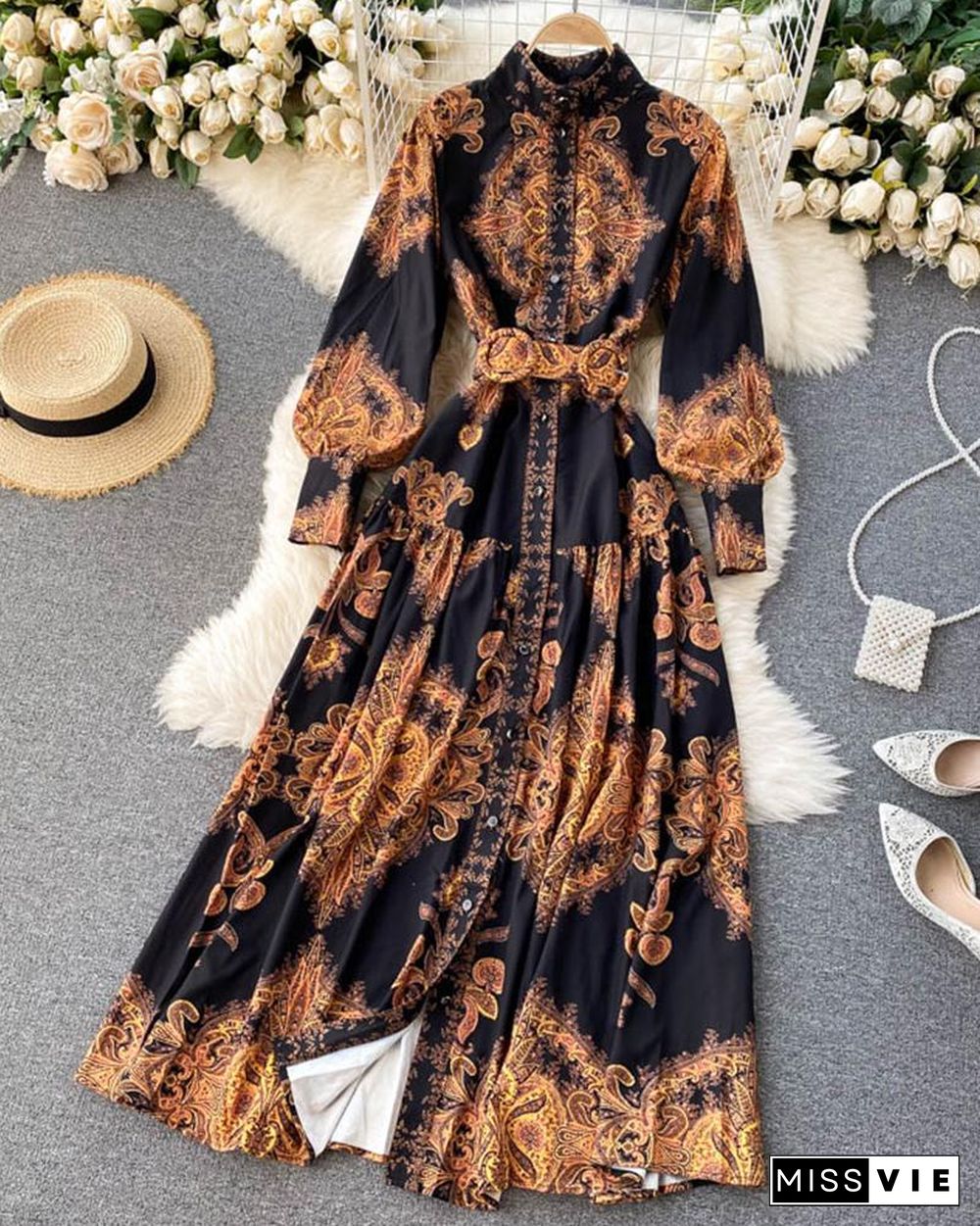 Vintage All Over Print Long Sleeve Maxi Dress With Belt P16174