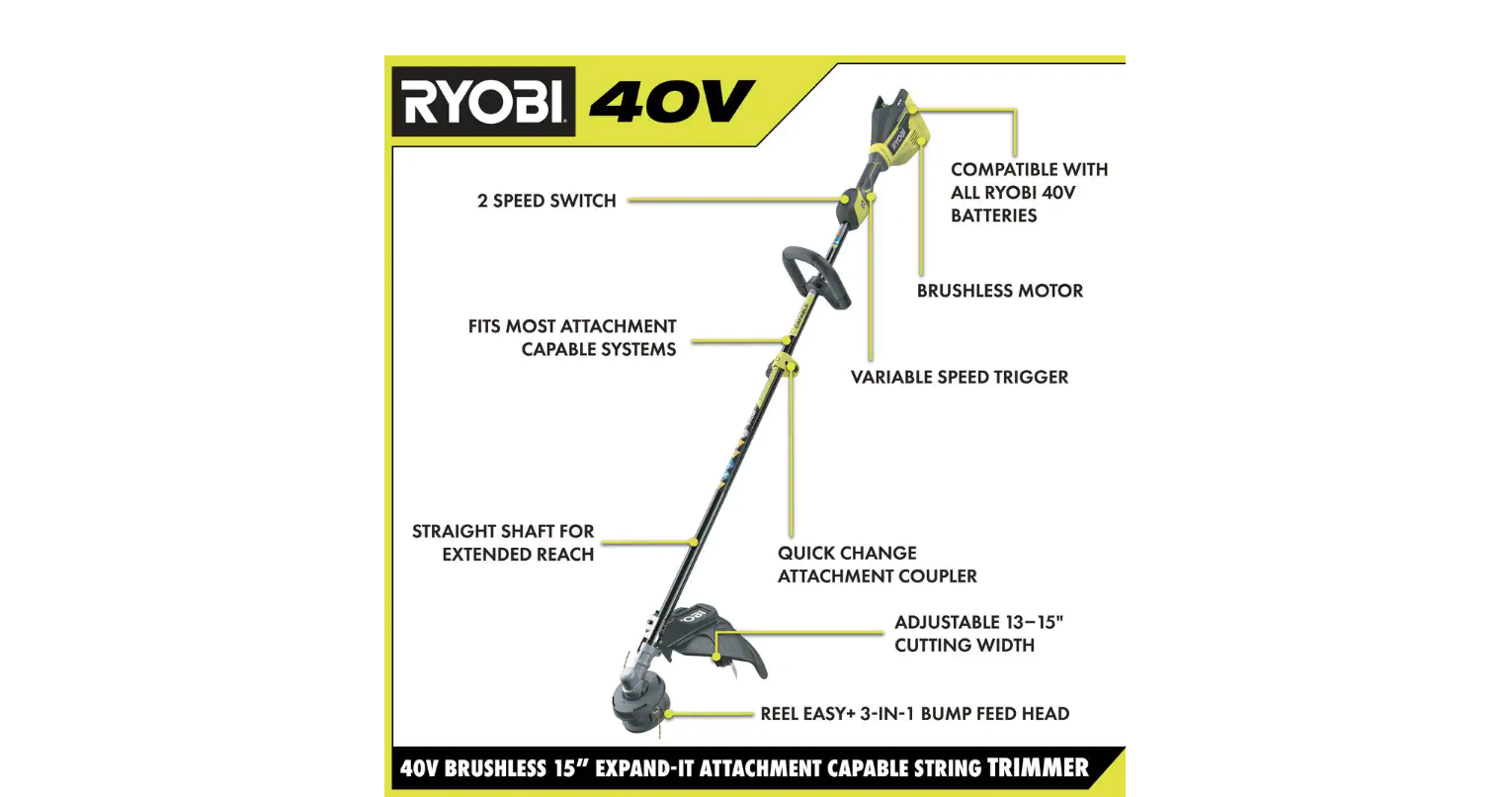 RYOBI RY40270VNM 40V Brushless Cordless Battery Attachment Capable String Trimmer with 4.0 Ah Battery and Charger