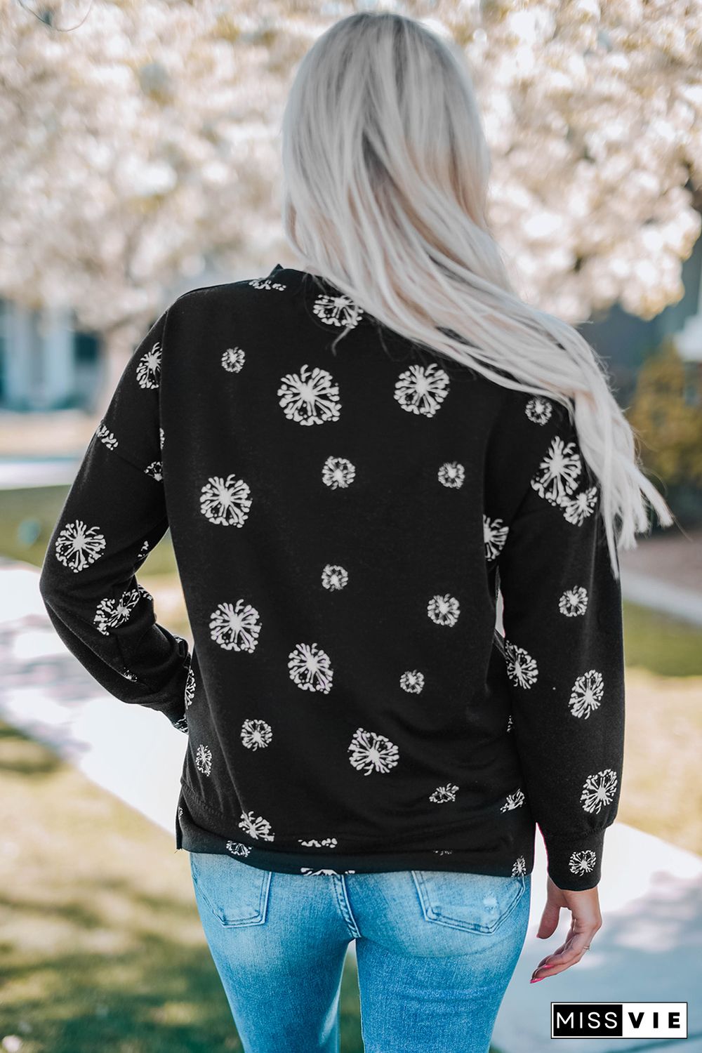 Black Dandelion Print Round Neck Sweatshirt