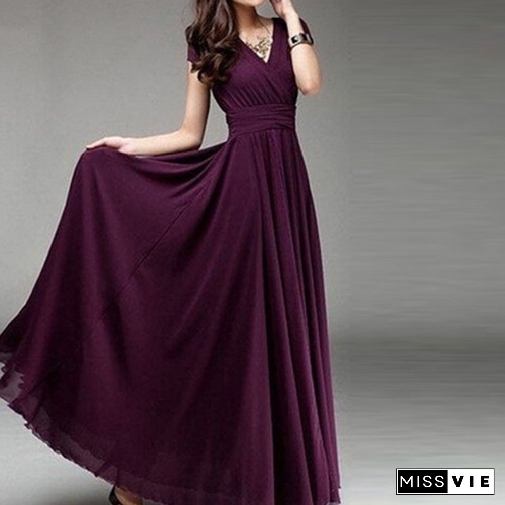 Women's Fashion Spring Summer Autumn Bohemian Maxi Dress Beach Evening Dress V-neck Sexy Women Summer Boho Long Dress Evening Party Prom Dress Sundress Chiffon Dress Plus Size S-3XL