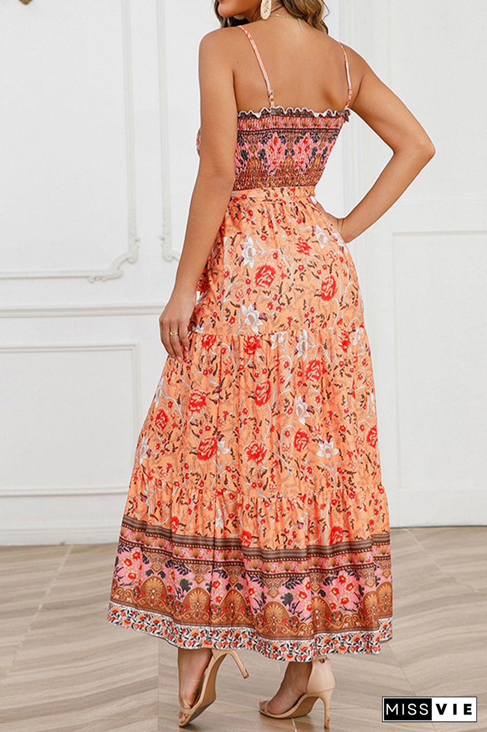 Boho Floral Print Smocked Bandeau Spaghetti Strap Maxi Dress