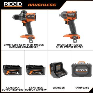 RIDGID 18V Brushless 2-Tool Combo Kit with 6.0 Ah and 4.0 Ah MAX Output Batteries Charger and Hard Case R92082