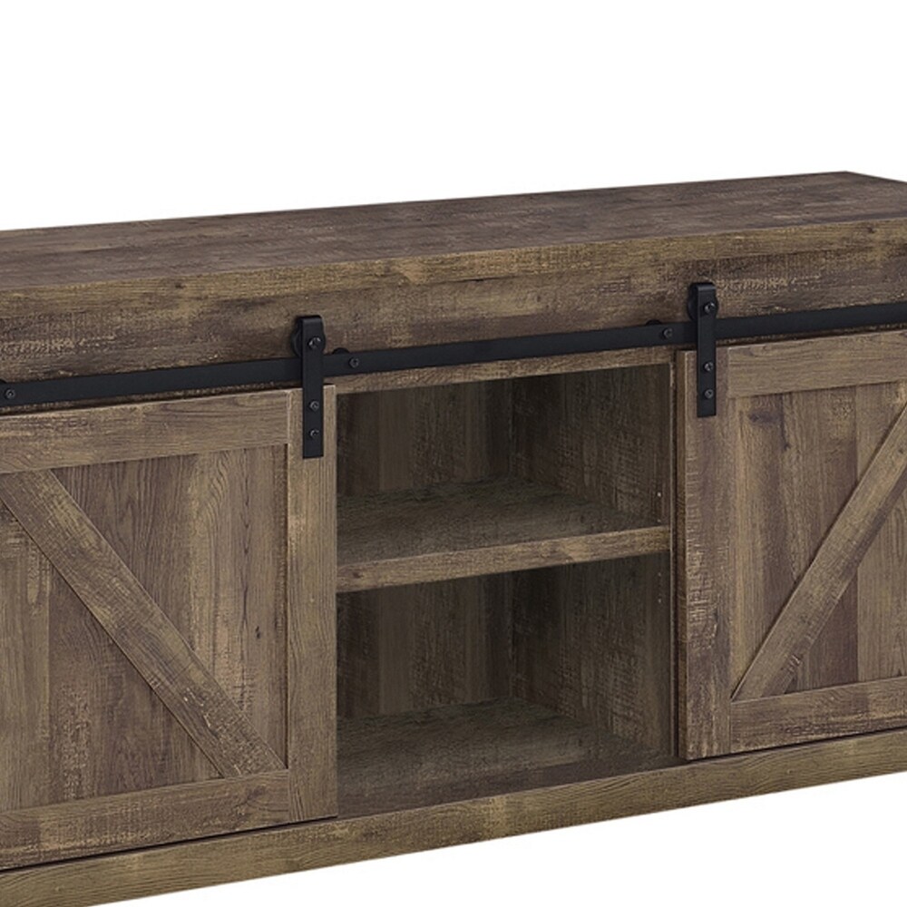 59 Inch Farmhouse Wooden TV Console With 2 Sliding Barn Doors  Rustic Brown