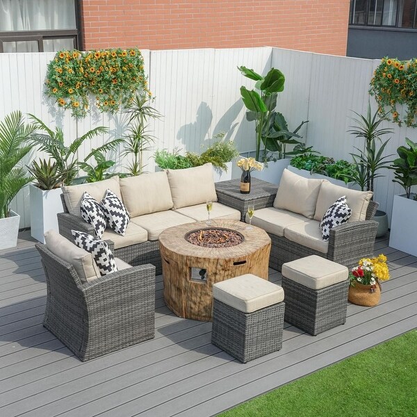 7piece Patio Wicker Garden Chat Sofa Set with Fire Pit and Storage Box