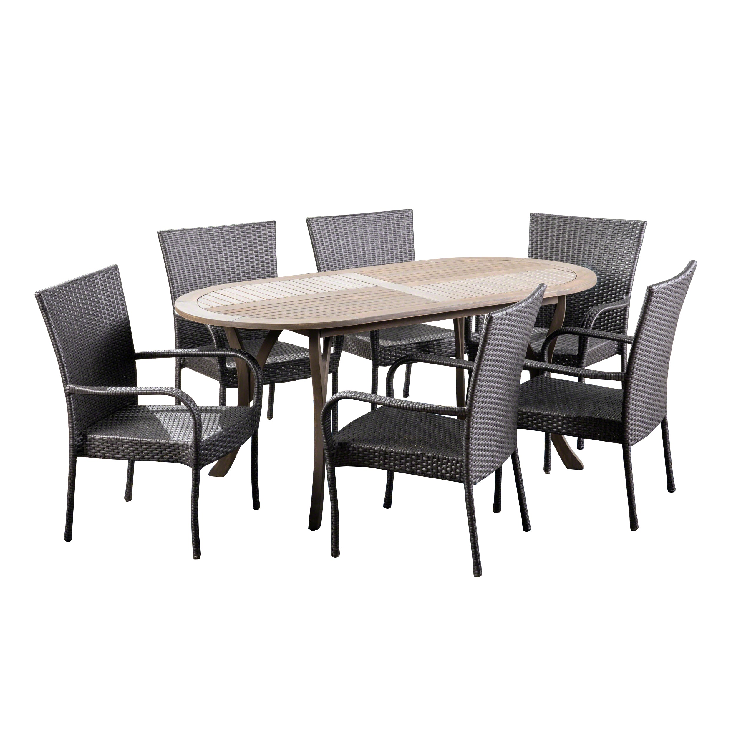 Ford Outdoor 7 Piece Wood and Wicker Dining Set, Gray Finish and Gray