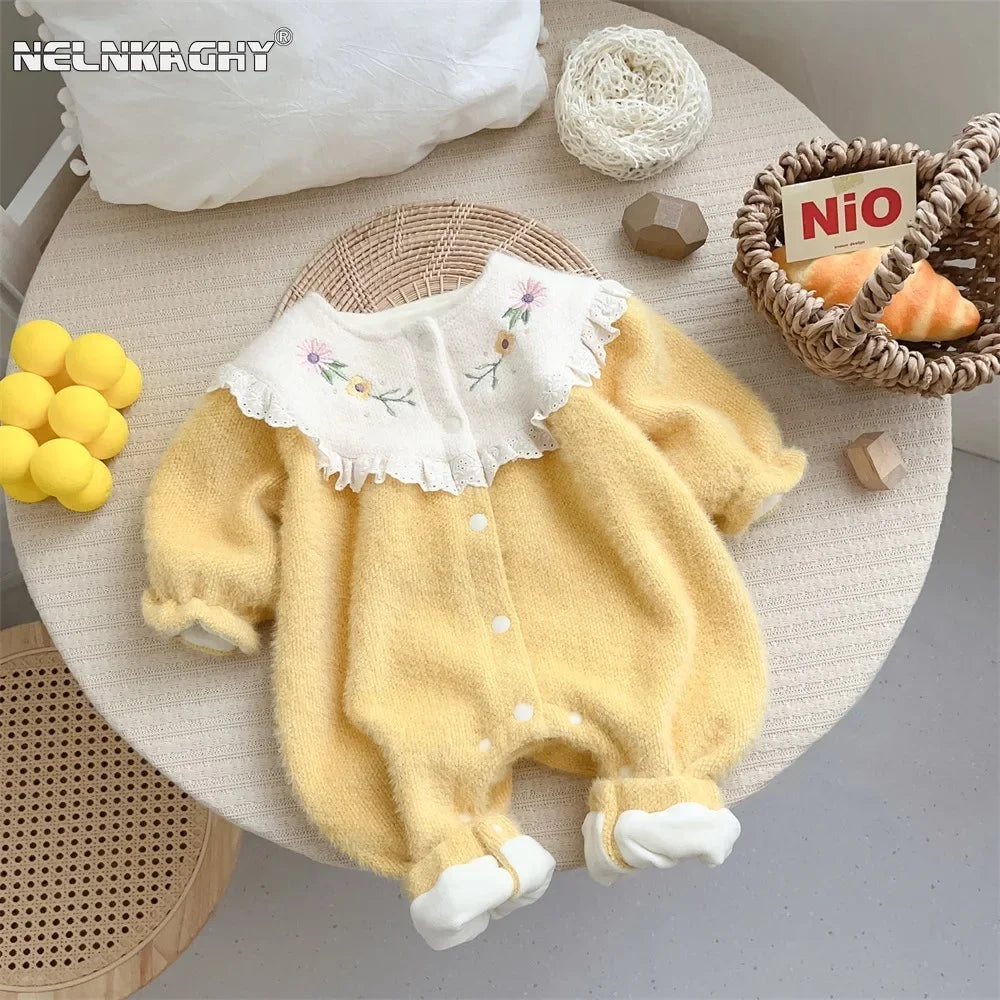 2023 Winter Infant Baby Girls Cute One-pieces Kids Ruched Embroidery Flower Thick Plush Warm Jumpsuits , Newborn Romper 0-24M