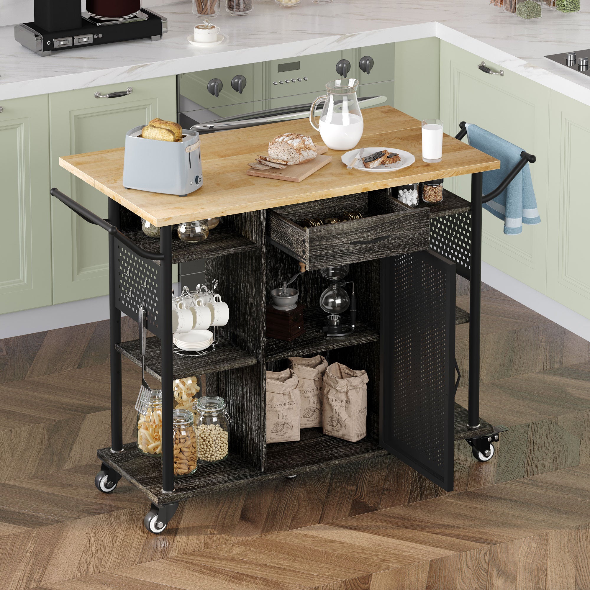 Bestier Rolling Kitchen Cart with Collapsible Surface Extender, Black (Used)