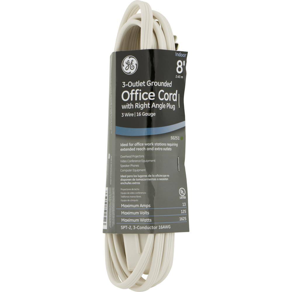 GE 8 ft. 163 3-Outlet Office Extension Cord with Low-Profile Flat Plug White 50251