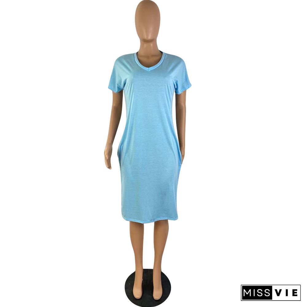 Summer Solid Color Short Sleeve V Neck Loose T Shirt Dress