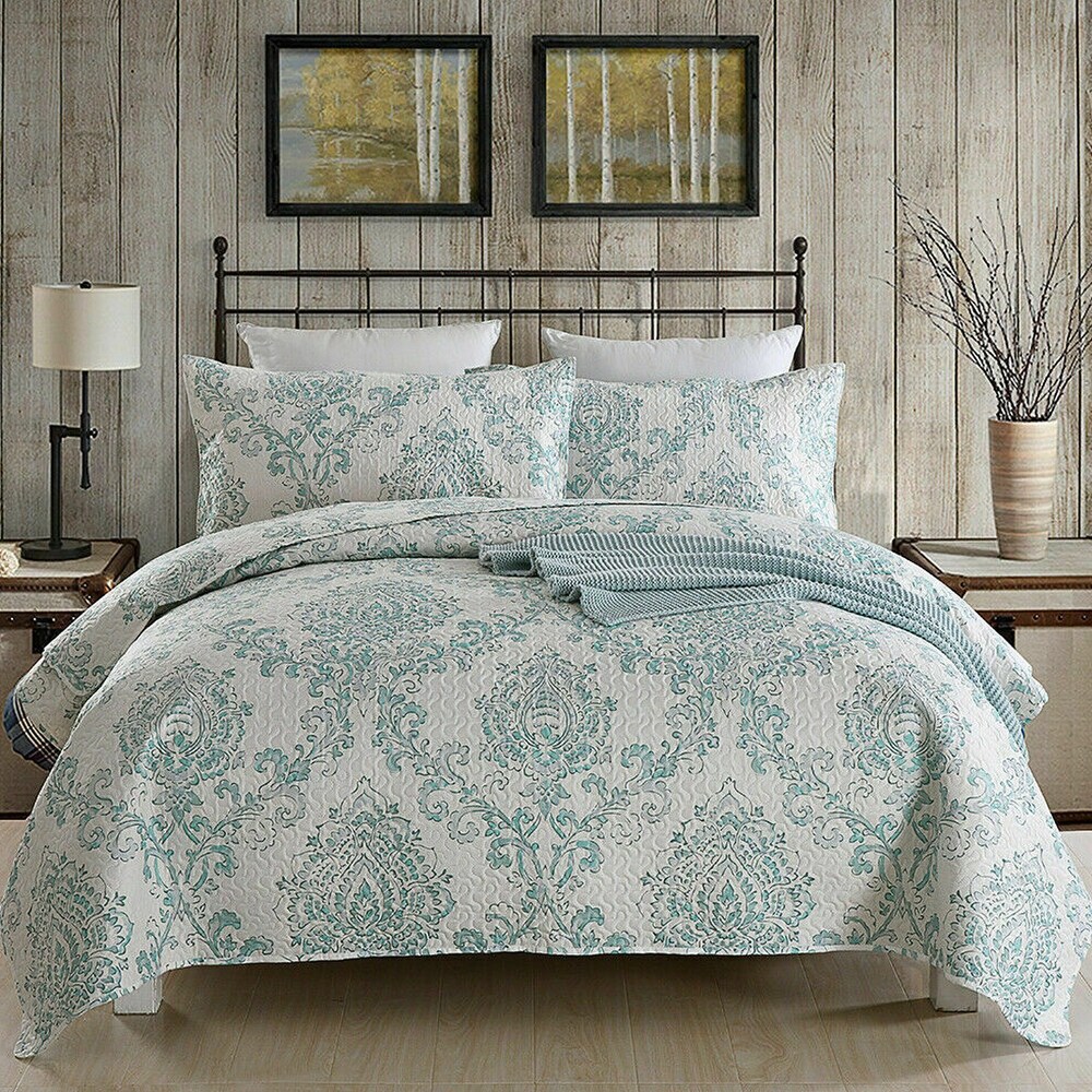 3 Piece Microfiber King Quilt Plaid Patchwork Bedding Set Blue Floral