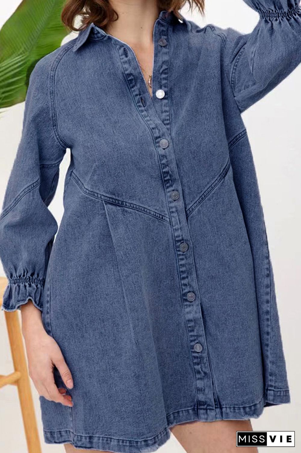 Vintage Washed Puff Sleeve Denim Mini Shirt Dress Wholesale