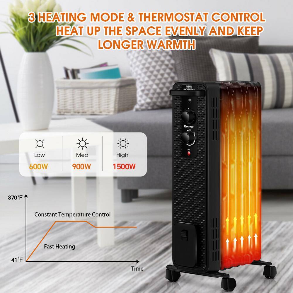 Costway 1500-Watt Electric Oil-Filled Radiant Space Heater with Adjustable Thermostat EP24918US-BK